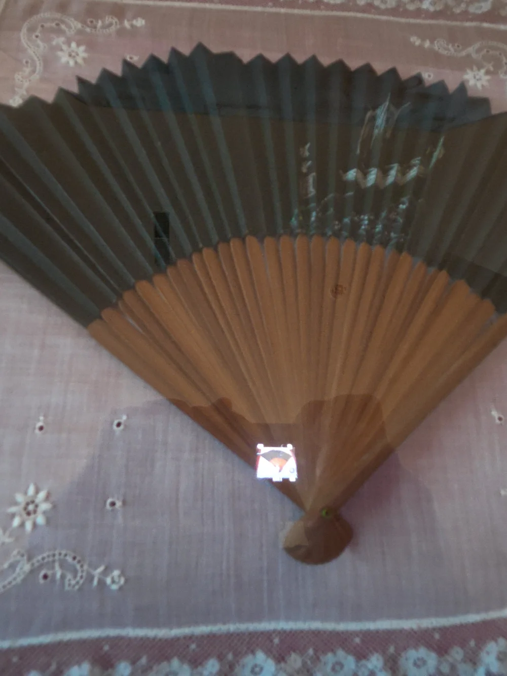 Vintage 1950's Korean painted fan and lace handkerchief in wood/glass frame